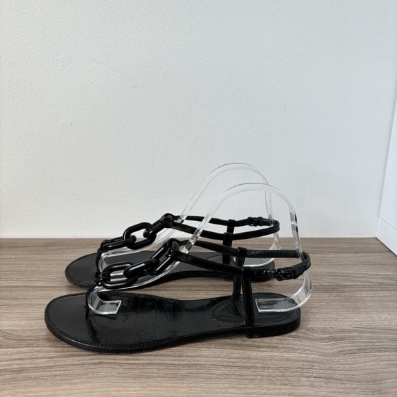Burberry Sandals Black Patent Leather Flats Sz 7 US Authentic❤️ - Picture 1 of 8
